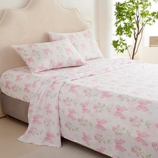 Pink Bow Sheet Set Full Garden Floral Fitted Sheet Set for Girls Soft Microfi...