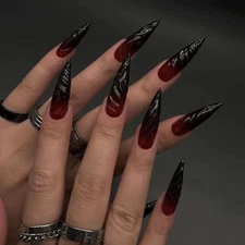 Ombre Red to Black Press on Nails Long Almond, Long Almond Glossy Glue on Nai...