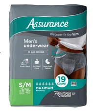 Assurance Men's Underwear, Maximum Absorbency, Size S/M, 19 CT-2 PACK =38 COUNT