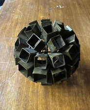 Vintage Brutalist Metal Cube Sculpture 6” MCM Modernist Decor Enamel Olive Tone