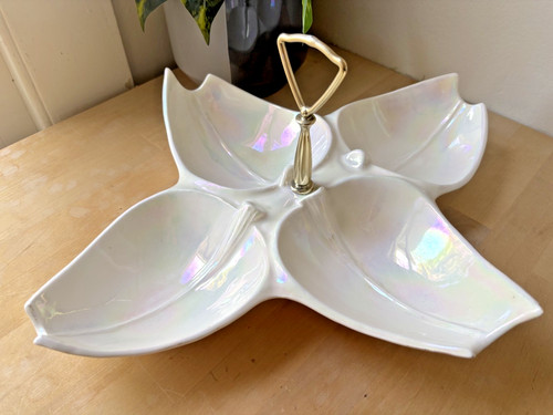Vintage MCM Iridescent Lusterware Snack Tray with Gold Handle – Divided Dish