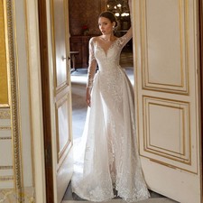 Elegant Mermaid Wedding Dresses Detachable 2 In 1 Long Sleeve Lace Applique Gown
