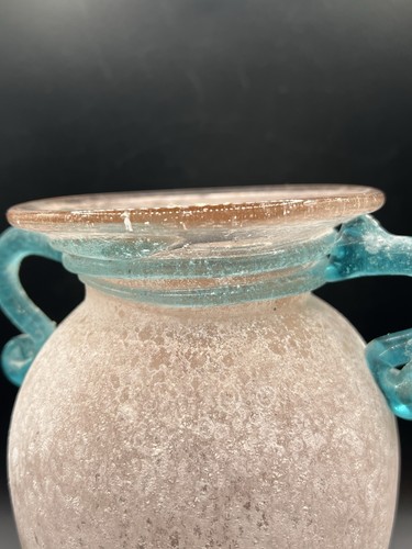 Vtg Hand-Blown Murano Glass Scavo Pink Art Glass Vase w/ Aqua Marine Handles - Picture 9 of 14