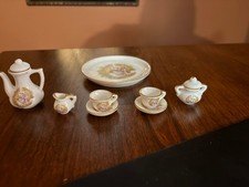 VTG PORCELAIN MINIATURE DOLL HOUSE SET TEAPOT SAUCER CUPS CREAMER SUGAR BOWL