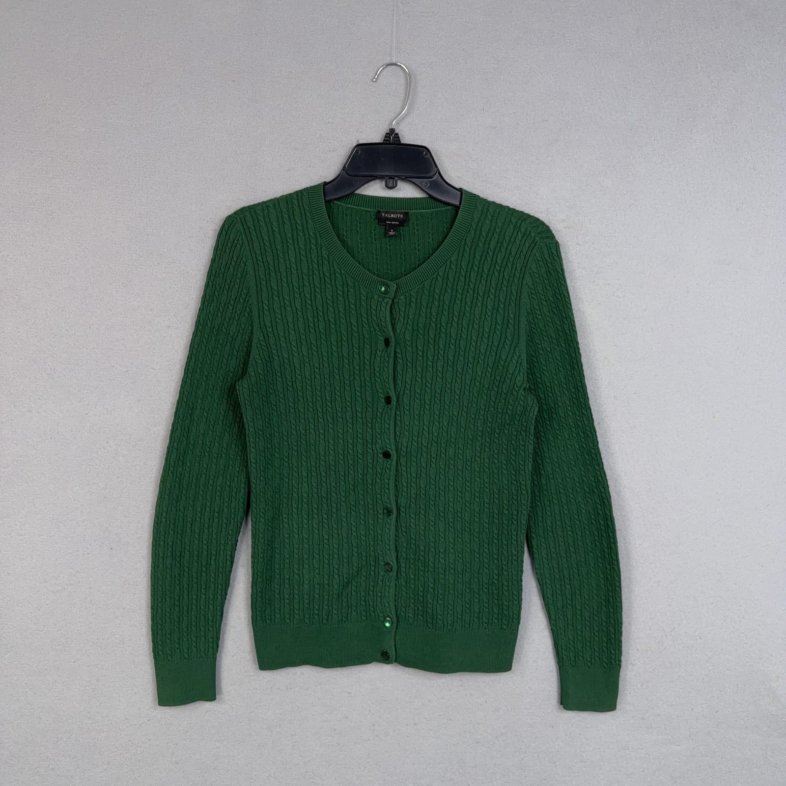 Talbots Cardigan Womens Small Green Pima Cotton Cable Knit Preppy School Sweater