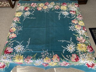 Vintage Mid Century Square Green Tablecloth Pink Yellow Floral Print Cotton