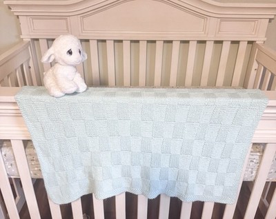 Hand Knit Baby Blanket 32x31 Mint Green Checkered Soft Grandma Made Personalized