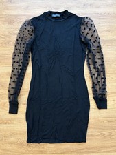 Ladies Black Polka Dot Mesh Long Sleeve Bodycon Dress Large