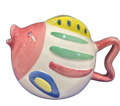 Vintage Caleca Ceramic Pastel Fish Koi Watering Can Tea Pot Water Pitcher 10''