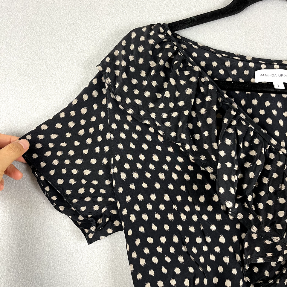 Amanda Uprichard Silk Mini Dress Large Black Polka Dot Elastic Waist