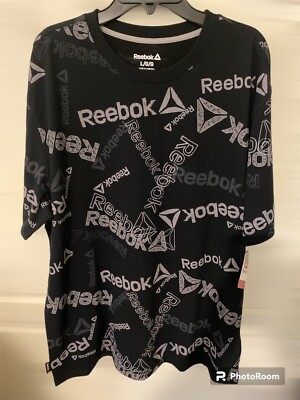 Reebok Mens Identity All Over Print Logo T Shirt Size L Black Crewneck S/S NICE