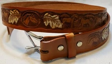 Men's brown leather belt horse head white leaves design 42 inch buckle western