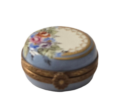France Limoges Box Pill Box Light Blue & Gold With Flowers