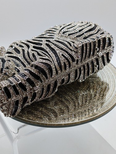 Silver Tiger Sparkling Evening Luxury Crystal Clutch Purse Rhinestone Handbag - Picture 15 of 18