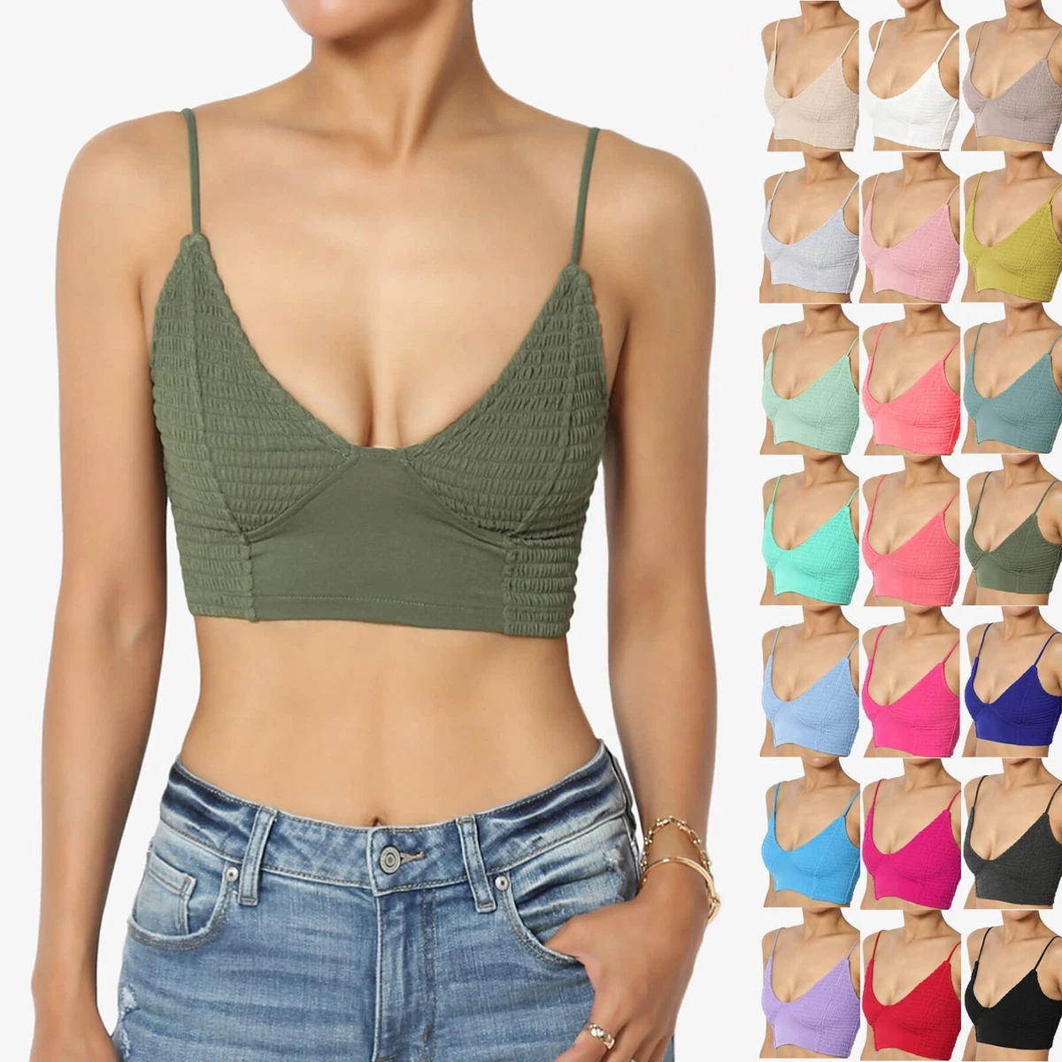 Women's Smocked Jersey Triangle Bralette Plunge Scoop Neck Stretch Bra Crop  Top