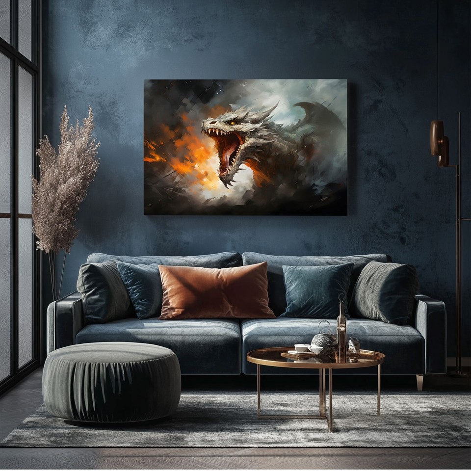 Fantasy Fire Breathing Dragon Painting Print Framed Canvas Wall Art ...