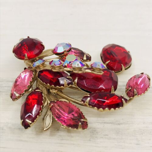 2 - VINTAGE RED PINK AB RHINESTONE NAVETTE BEAD STATEMENT PIN BROOCHES Unmarked - Picture 7 of 21