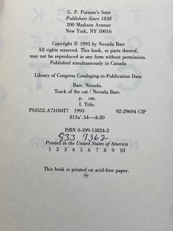 Nevada Barr - Track of the Cat - 1st 1st - Authors First Mystery - Southwest  - Image 4 of 4