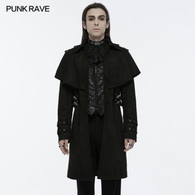 Punk Rave Men Black Gothic Retro Zip Front Cloak Style Jacket Cos Vampire