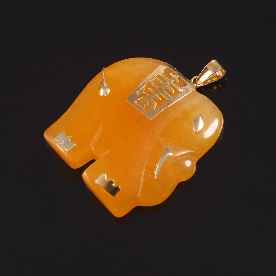 Colgante elefante tallado a mano con piedras preciosas de jade naranja natural joyería de oro macizo de 14k Foto 2 de 4