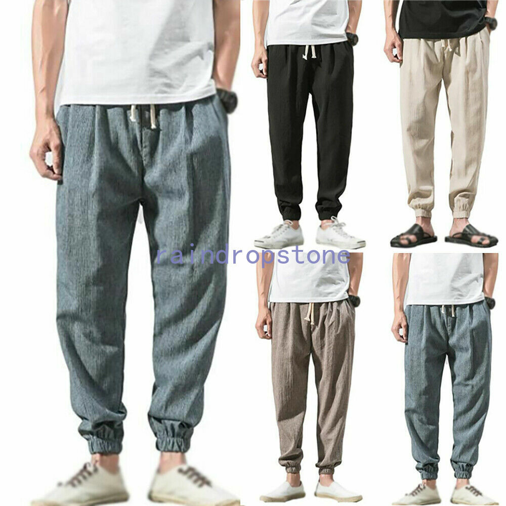 Men's Harem Baggy Linen Pants Japanese Style Elastic Waist Drop