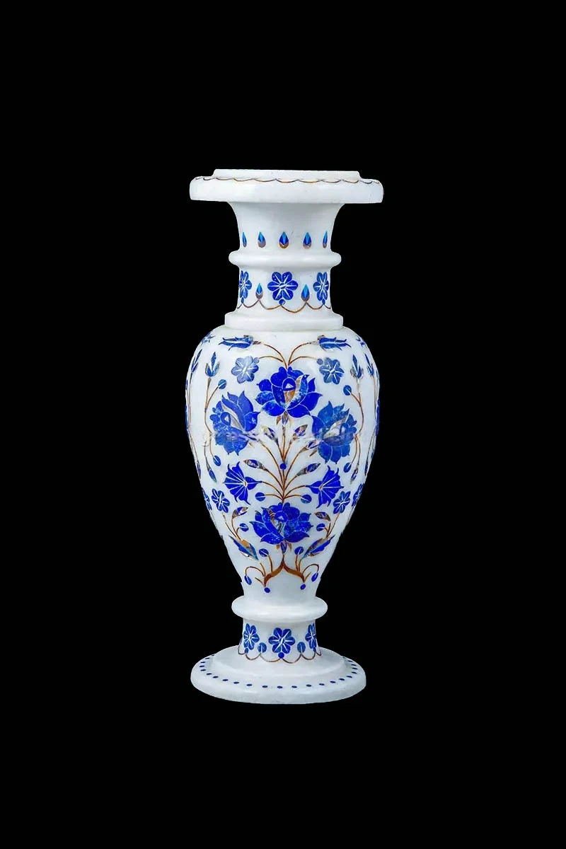 12" White Marble Flower Vase Lapis Lazuli Floral Inlay Living Room Decorative