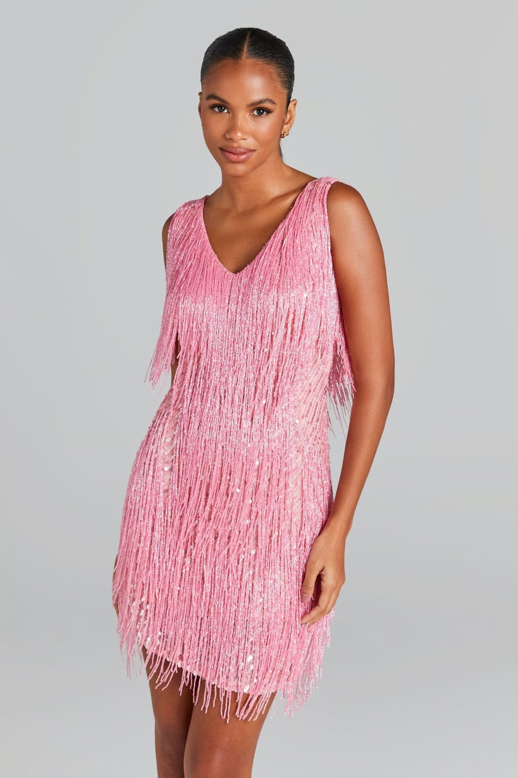 NADINE MERABI SADIE Beaded Fringed Dress Size XS UK 6 Pink BNWT RRP £495 - New