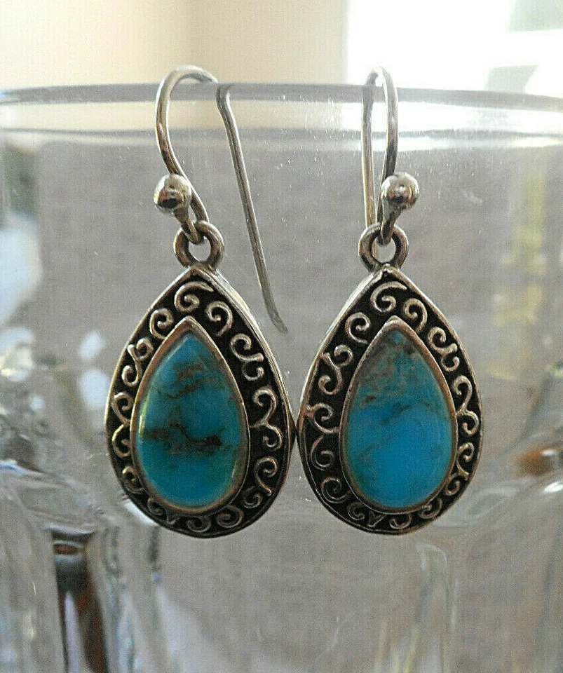 Pendientes colgantes Barse plata esterlina borde lágrima turquesa 14NK12 Foto 2 de 4