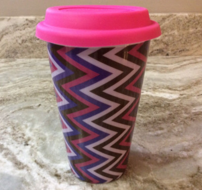 ECO ONE Ceramic Double Wall Insulated Travel Coffee Mug. Purple Pink Zig Zag New