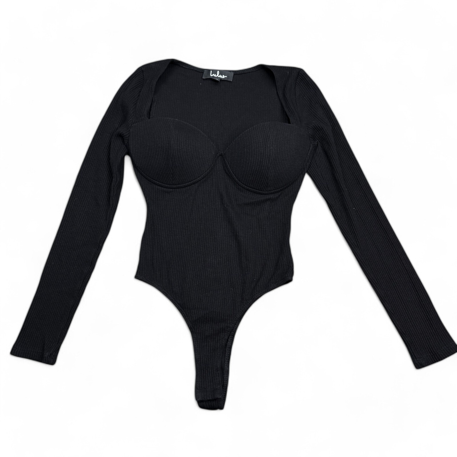 Lulus Padded Bodysuit Womens Size XS Black Ribbed Stretch Long Sleeve