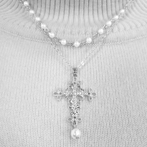 N0018 Silver Tone Double Chain Pearl Retro Cross Pendant Choker Collar Necklace