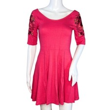 Free People Dress Womens XS Pink Garden Sleeve Embroidered Skater Dress Bohemian