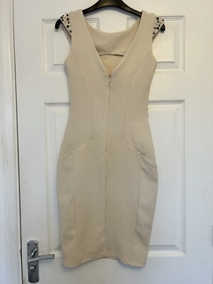 Lipsy Beige Pencil Dress With Embellished Pearls And Beads Size