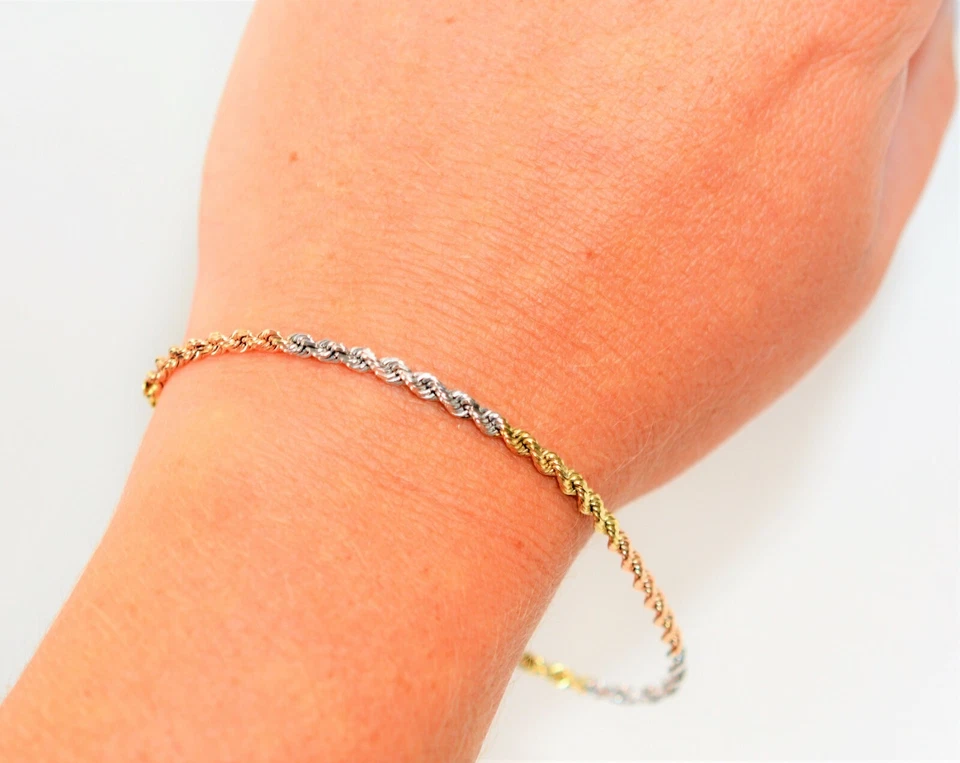 14K Solid Gold Tri Tone Gold Bracelet Twist Rope Bracelet Chain Bracelet Estate - Image 2 of 4
