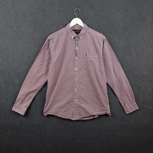 MUSTO Shirt Mens L Large Red Blue Gingham Check Long Sleeve Button Down Cotton