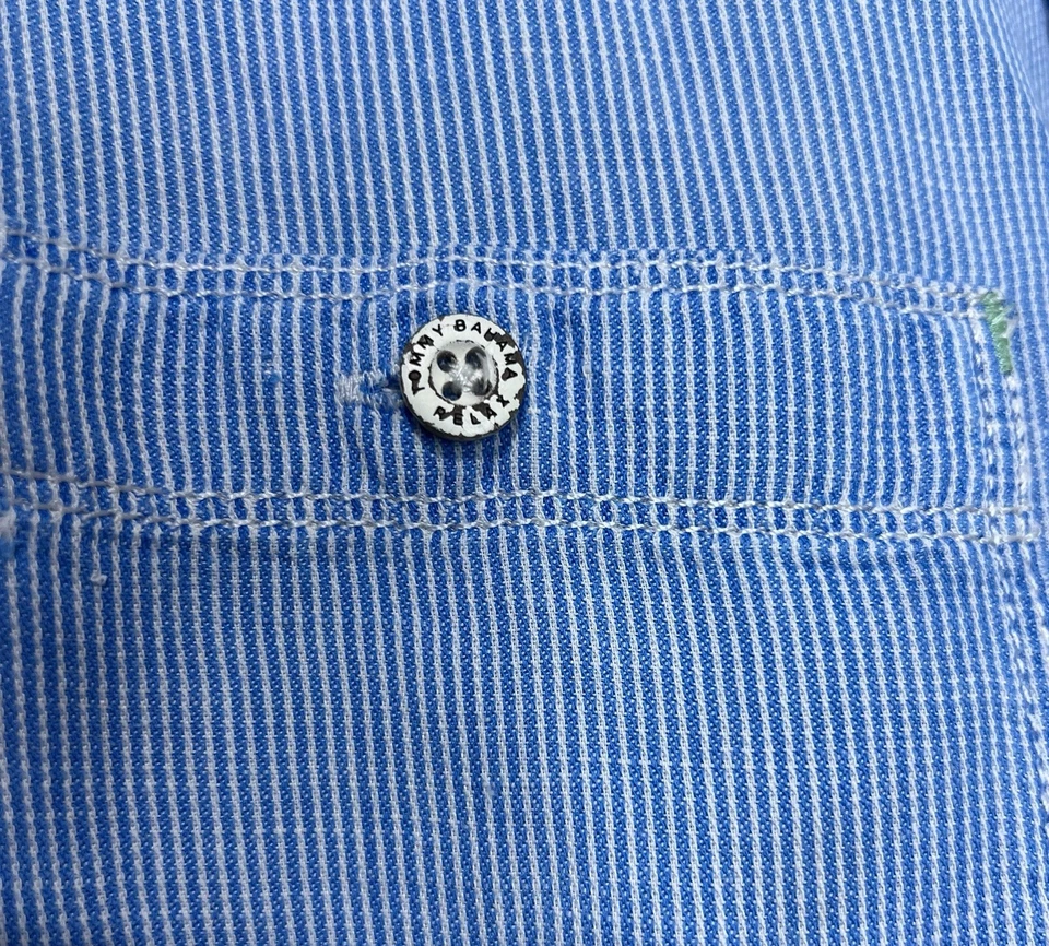 Tommy Bahama 男式纽扣衬衫 M 亚麻混纺白色蓝色条纹长袖 — 第 3/4 张图片