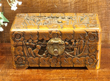 VINTAGE Oriental CARVED FIGURES Wooden TRINKET BOX- 18.8cms