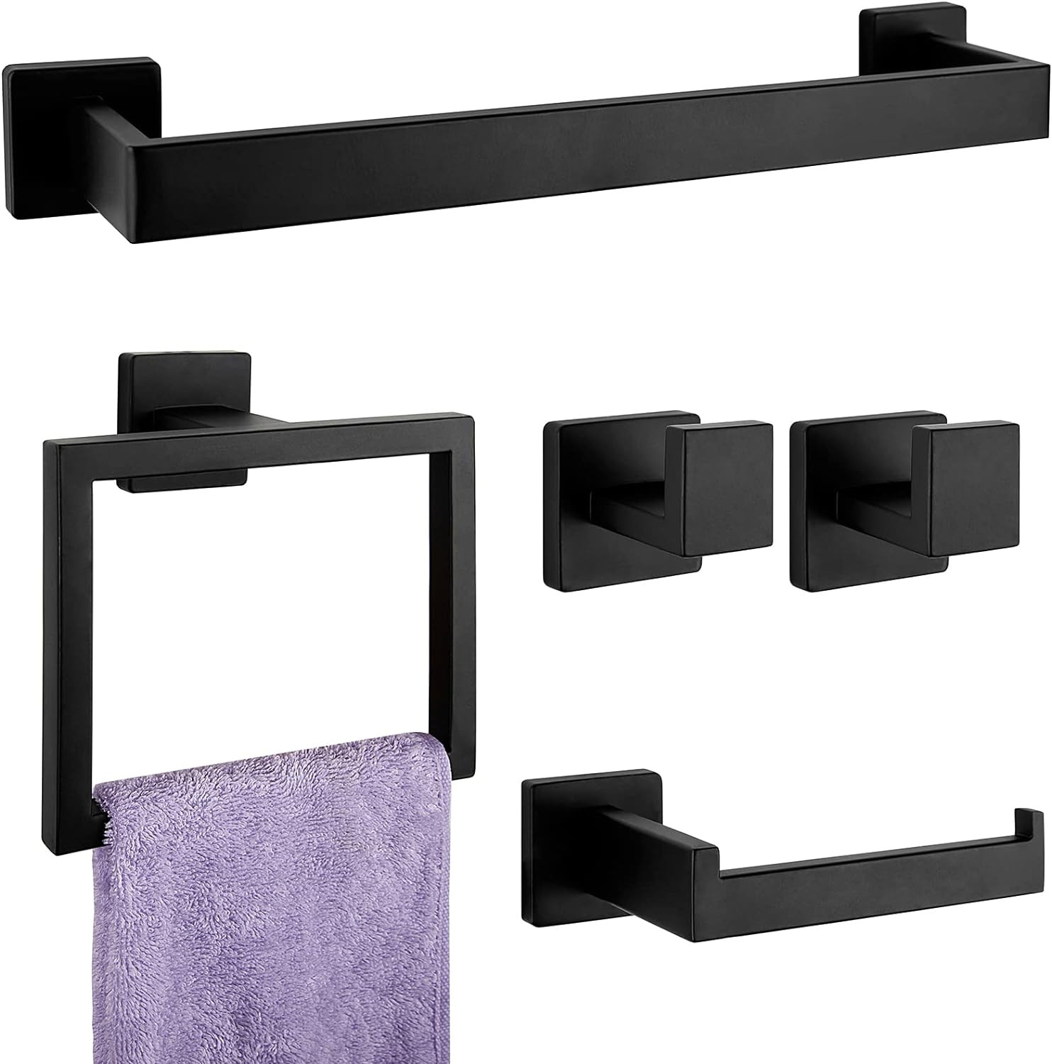 5-Pieces Matte Black Bathroom Hardware Accessories Set, SUS3