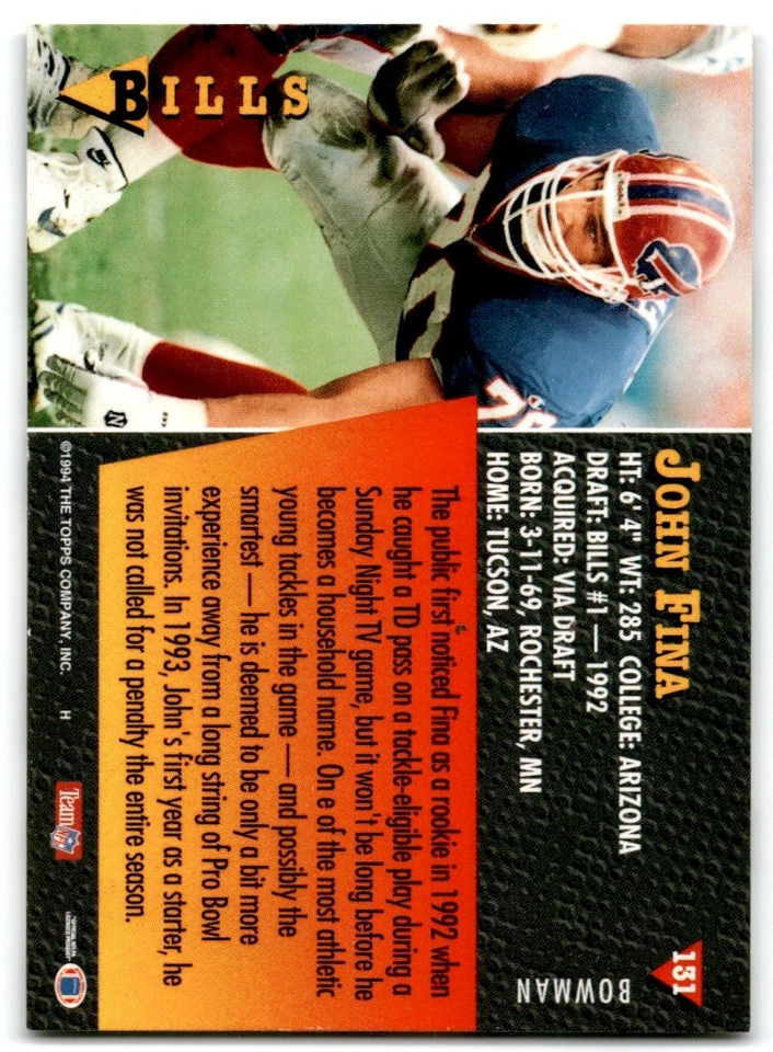 1994 Bowman John Fina Buffalo Bills #131 - Image 2 of 2