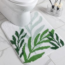 Green Leaves Tufted Toilet Rug 24x20 Inch UShaped Washable Soft Bathroom Mat