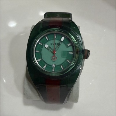 Gucci Sync Quartz Sport Watch 46mm Green Rubber Strap Red Stripe Date