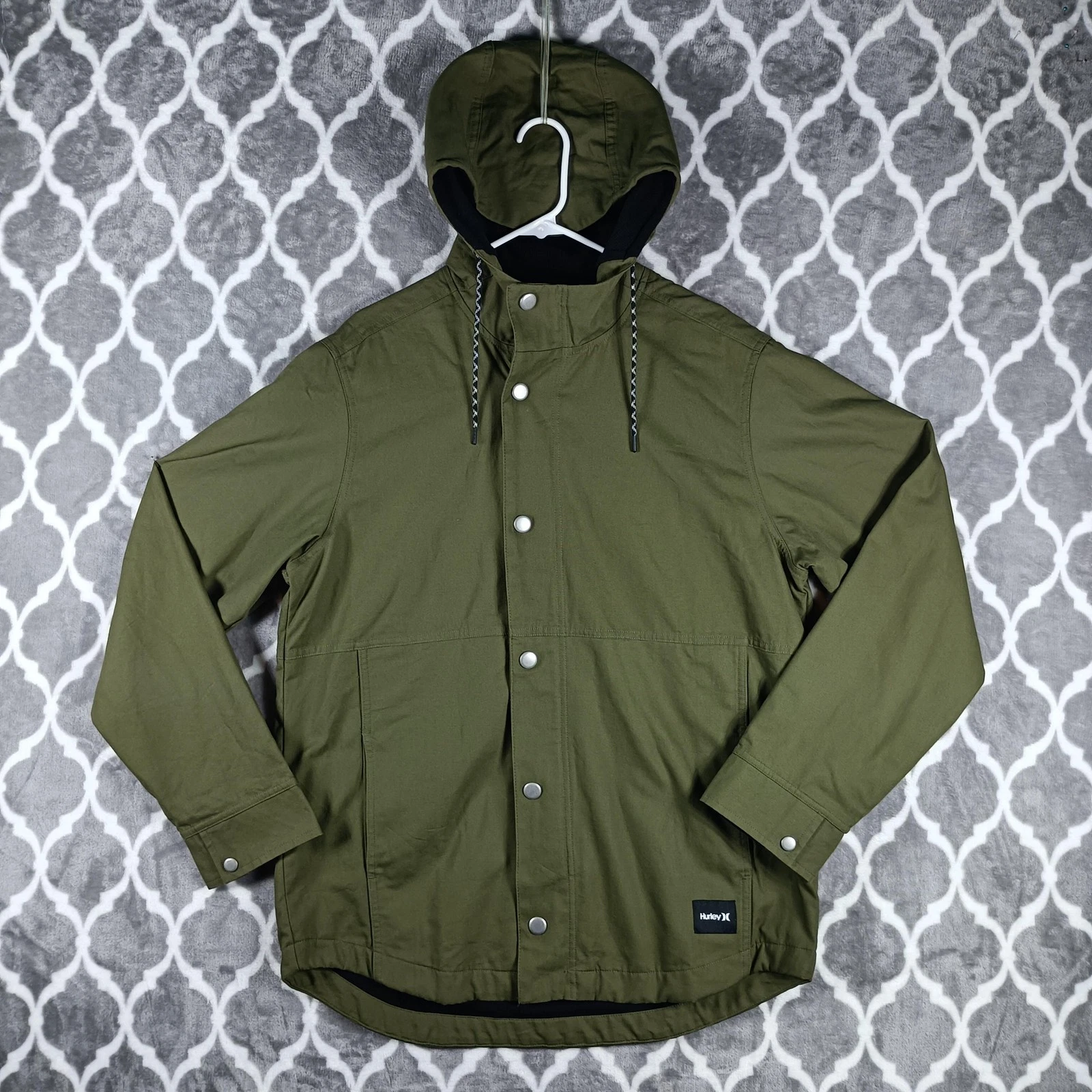 Hurley Hooded Jacket Men Large Olive Green Waffle Lined Snap Front