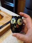 Vintage Fenton Autumn Jewel hand Painted Black Onyx Glass Hooty Owl Figurine