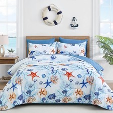 Coastal Queen Comforter Set, 7 Pieces Beach Themed Ocean Sand Dollor Starfi...