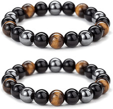 Black Obsidian Hematite Triple Protection Bracelet Blue Tiger Eye Beads