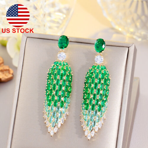 US Stock Gold Plated Long Green Cubic Zirconia Wedding Dangle Drop Earrings Gift