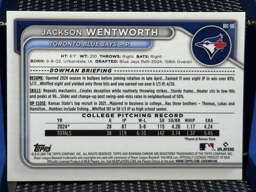 2024 Bowman Chrome JACKSON WENTWORTH Toronto Blue Jays 1st Bowman Base - Bild 2 von 2