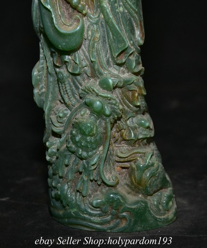 9.2" Old Chinese Green Jade Carved Kwan-yin Guan yin Boddhisattva Dragon Statue - Picture 5 of 12