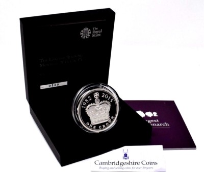 2015 Silber PP £5 Crown Münze Longest Reigning Monarch Royal Mint BOX + COA