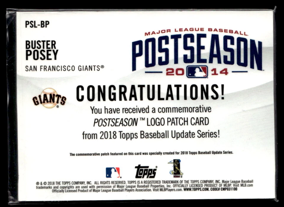 2018 Topps Update #PSL-BP Buster Posey MLB Postseason Logo Manufactured Patch - Image 2 of 2